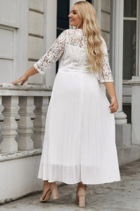 Lace Scalloped V Neck 3/4 Sleeves Pleated Tulle Plus Maxi Dress