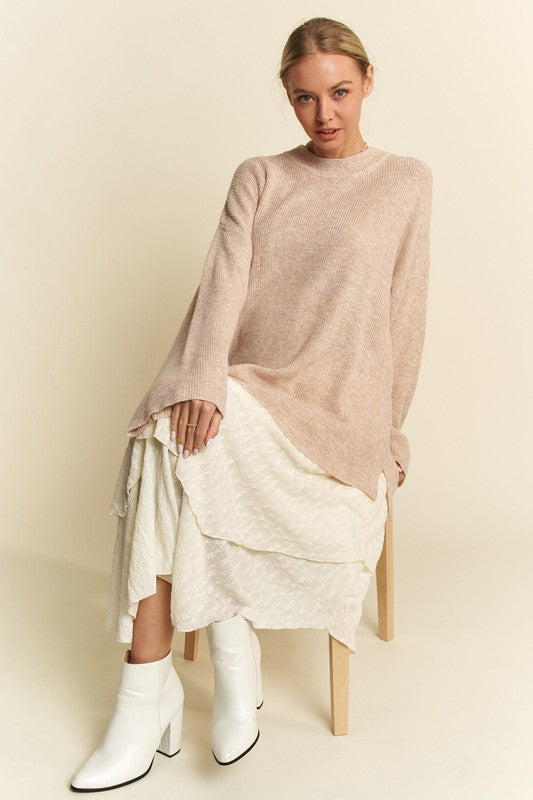 Davi & Dani High-Low Round Neck Drop Shoulder Sweater