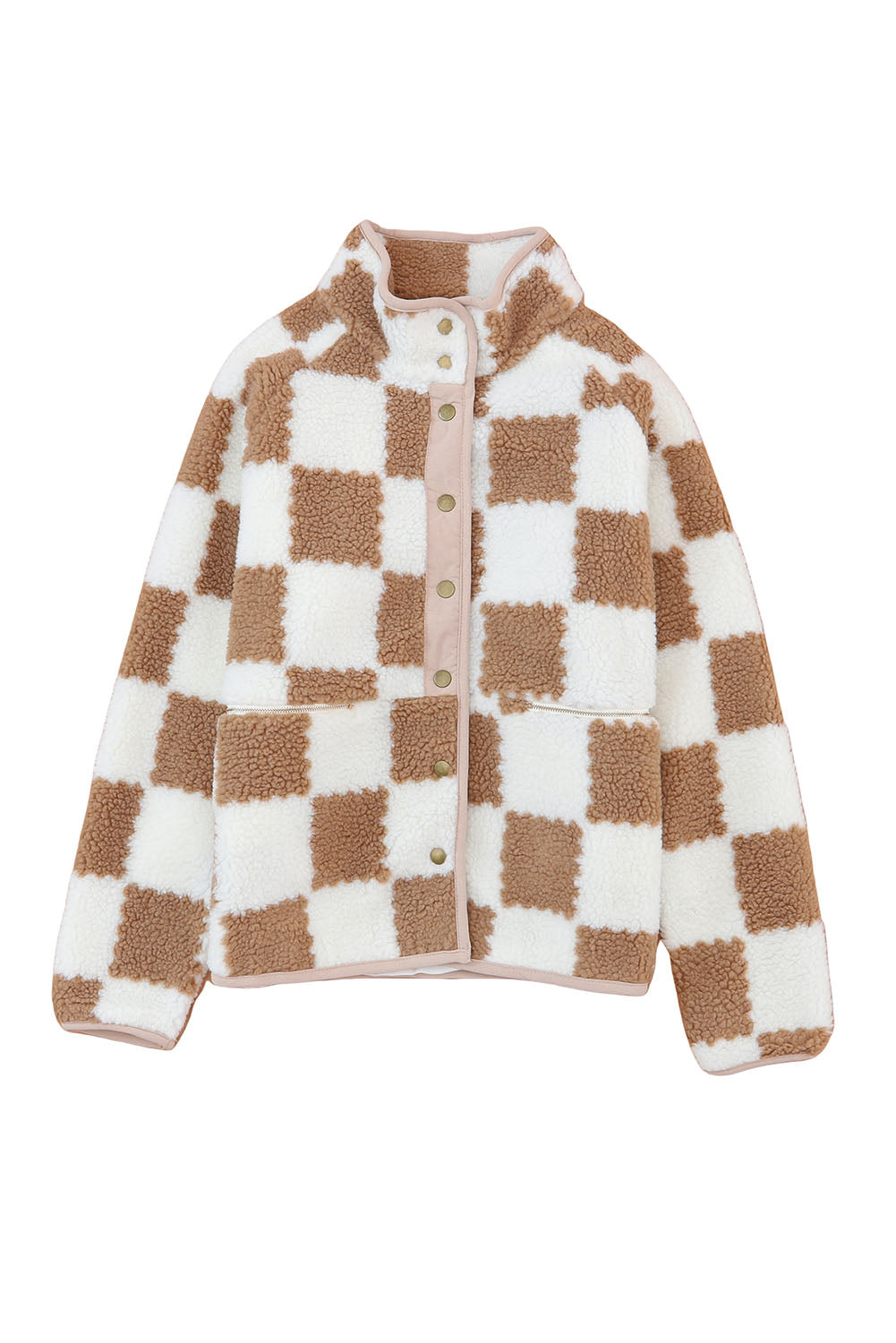 Brown Checked Snap Button Sherpa Jacket