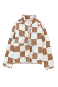 Brown Checked Snap Button Sherpa Jacket