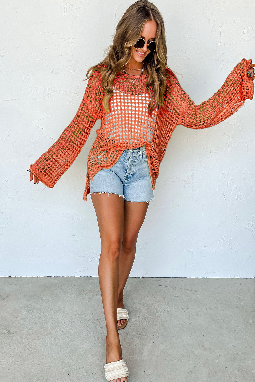 Orange Open Knit Crochet Bell Sleeve Tunic Sweater