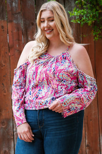 Pink Floral Print Cold Shoulder Plus Size Top