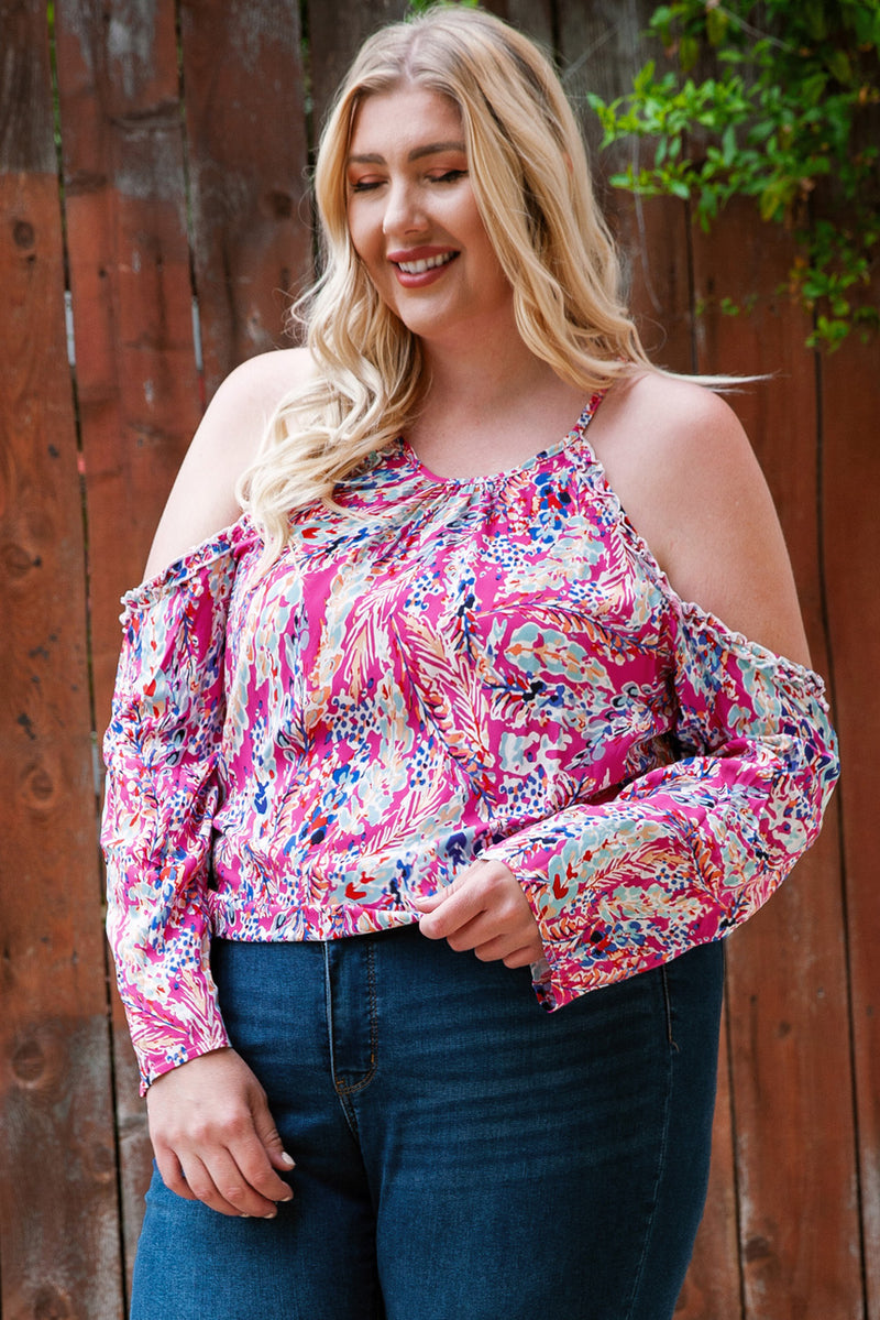 Pink Floral Print Cold Shoulder Plus Size Top