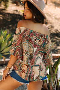 Paisley Printed Shirred Off-Shoulder Ruffled Sleeve Blouse