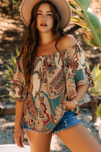 Paisley Printed Shirred Off-Shoulder Ruffled Sleeve Blouse