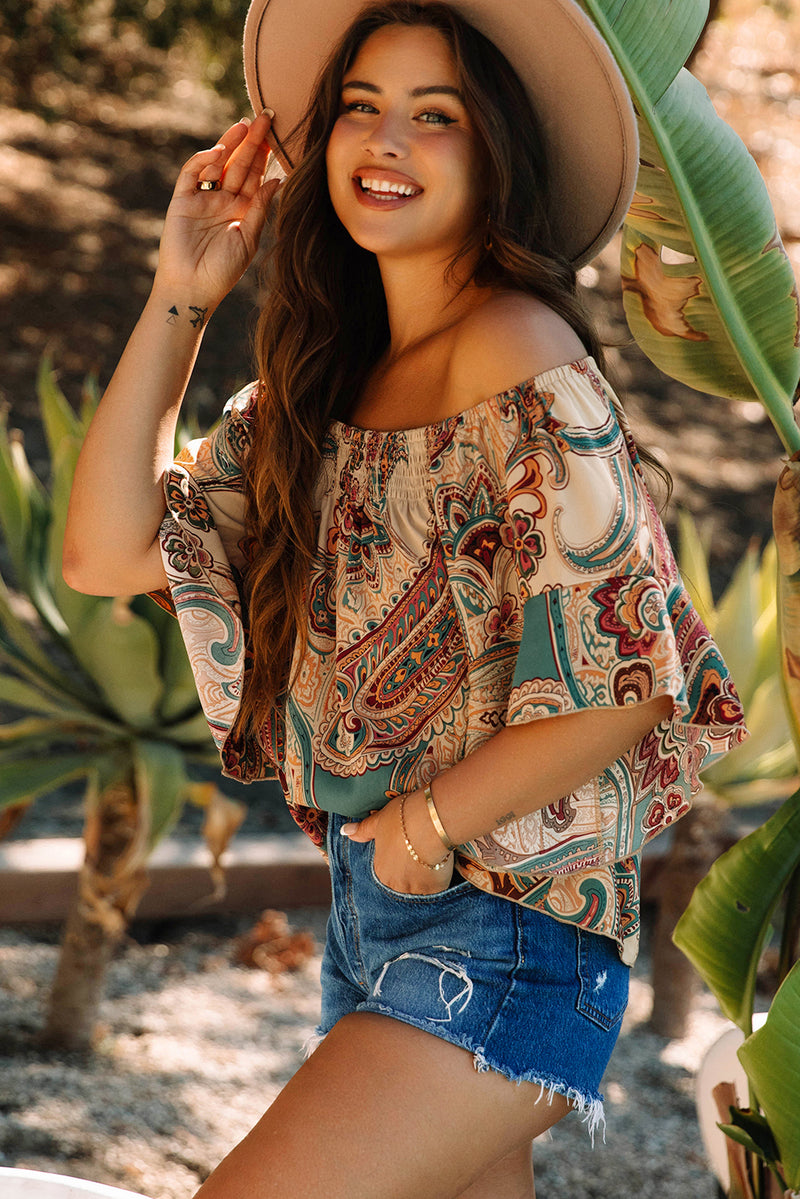 Paisley Printed Shirred Off-Shoulder Ruffled Sleeve Blouse