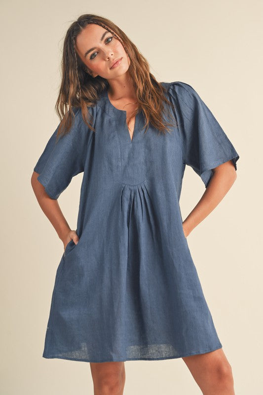 V-NECK DETAIL PLEATED DETAIL SLEEVE LINEN DRESS