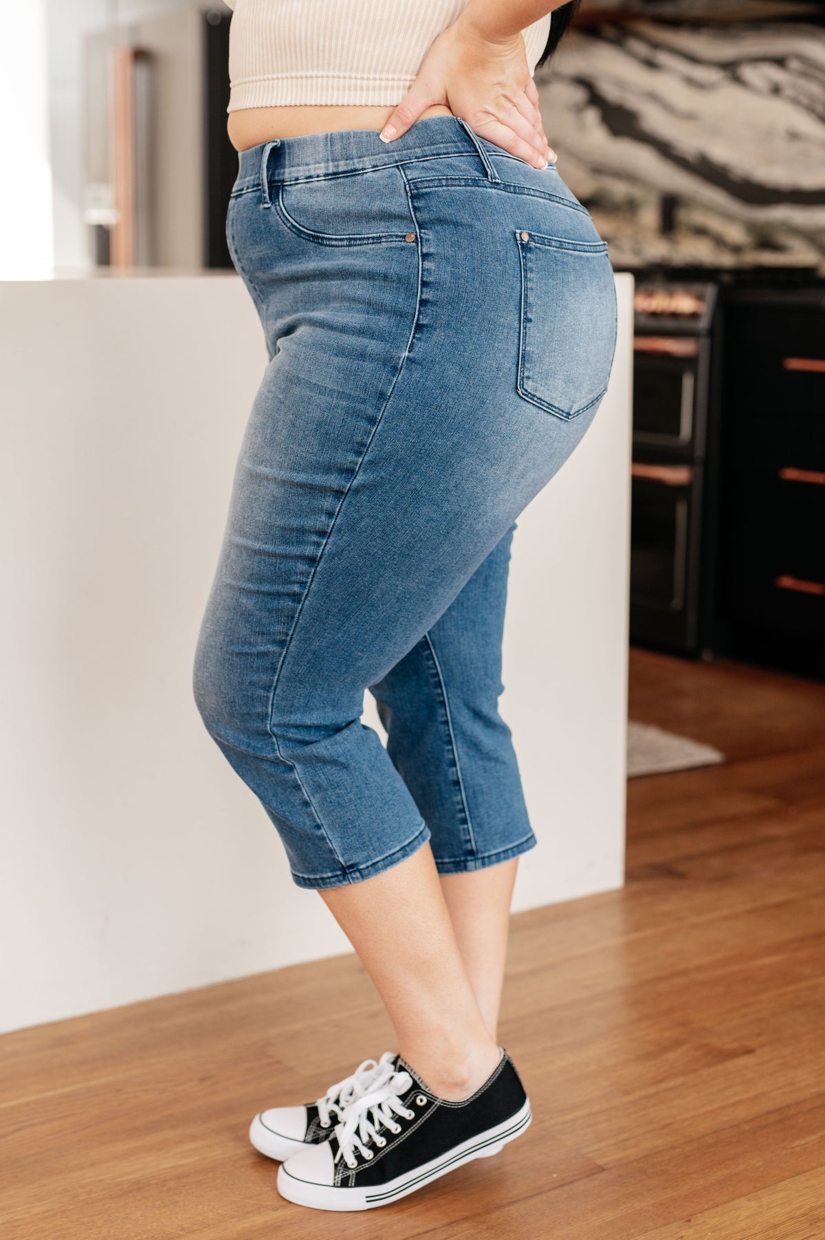 Emily High Rise Cool Denim Pull On Capri Jeans