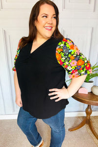 Eyes On You Black Floral Puff Sleeve V Neck Top