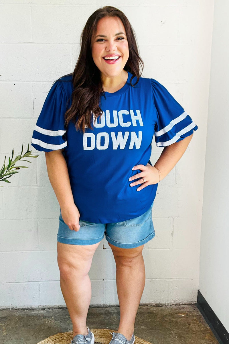 Stand Out Blue "TOUCHDOWN" Sequin Bubble Sleeve Game Day Top