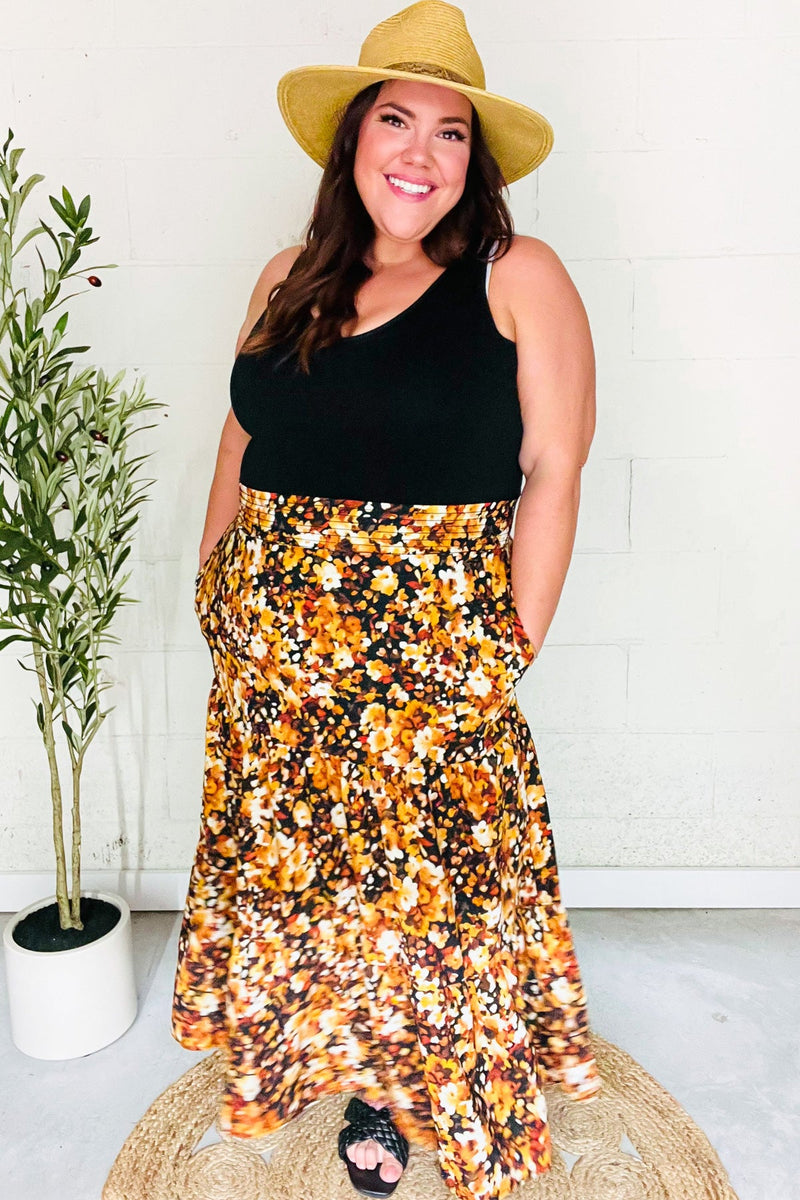 Casual Living Black Floral Tiered Smocked Waist Midi Skirt