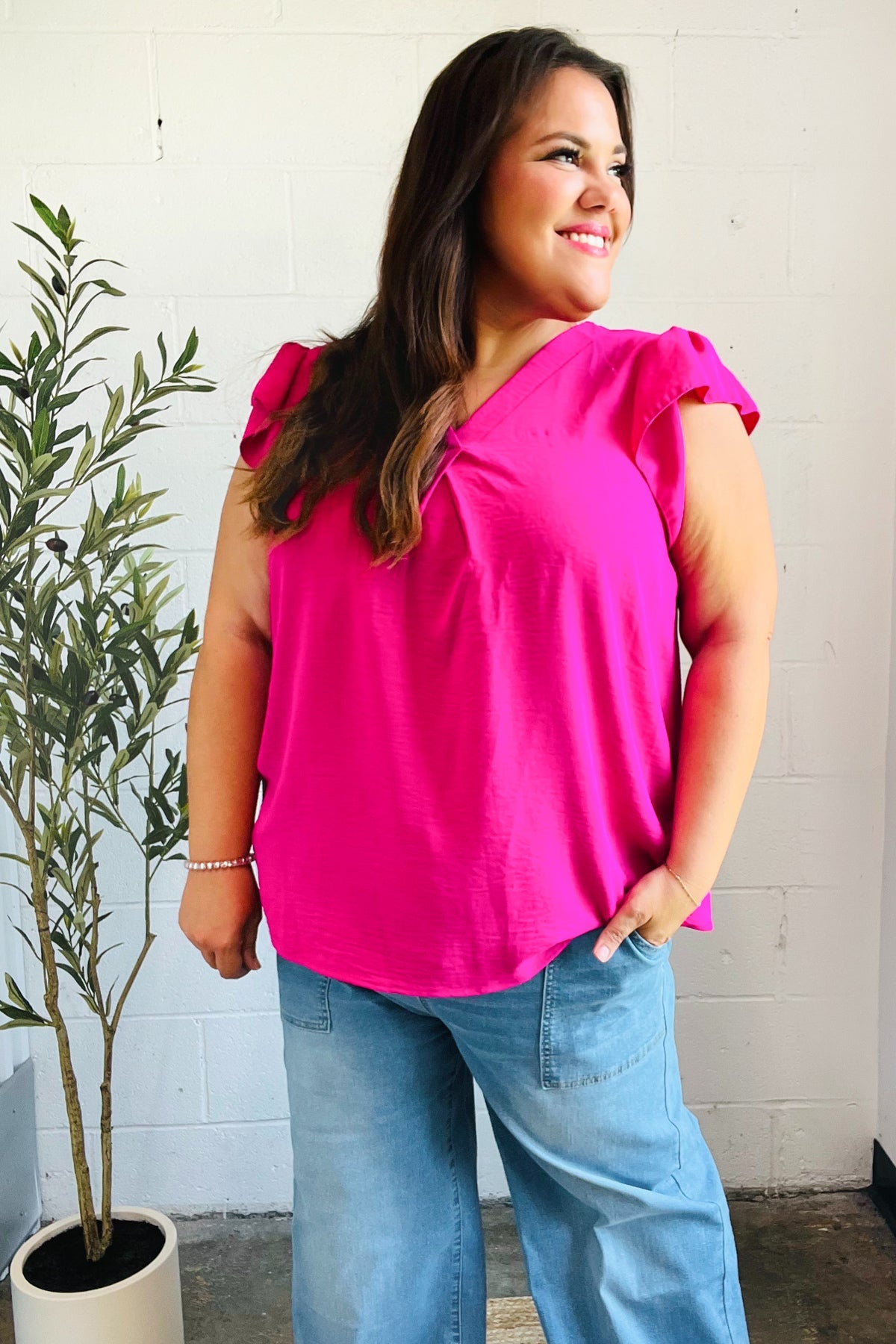 Summer Days Fuchsia Banded V Neck Flutter Sleeve Top