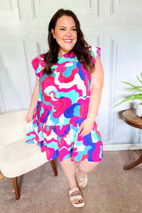 Go For Fun Fuchsia Geo Print Tiered Ruffle Sleeve Woven Dress