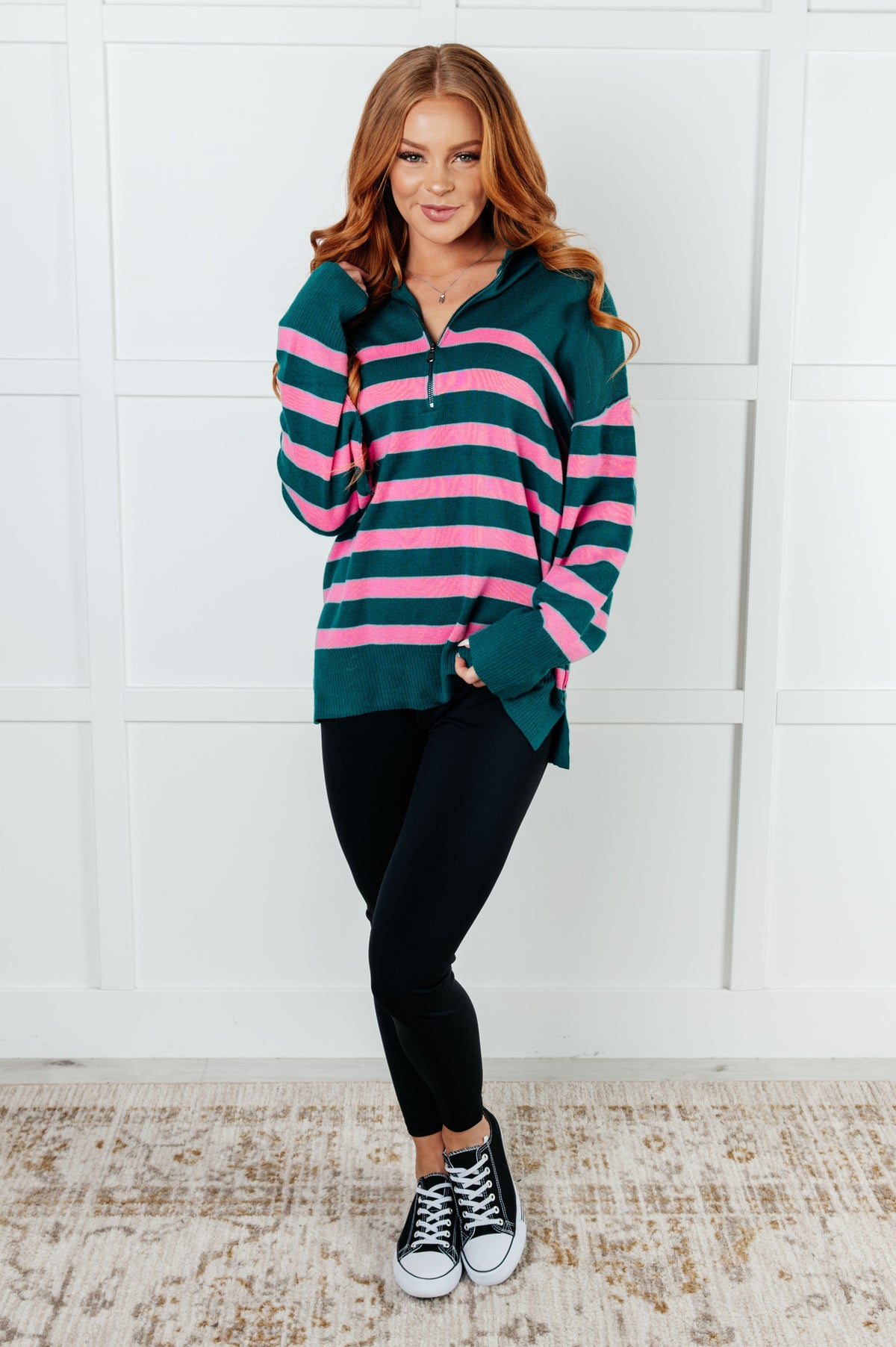 Well Situated Striped Quarter Zip Sweater in Green and Pink