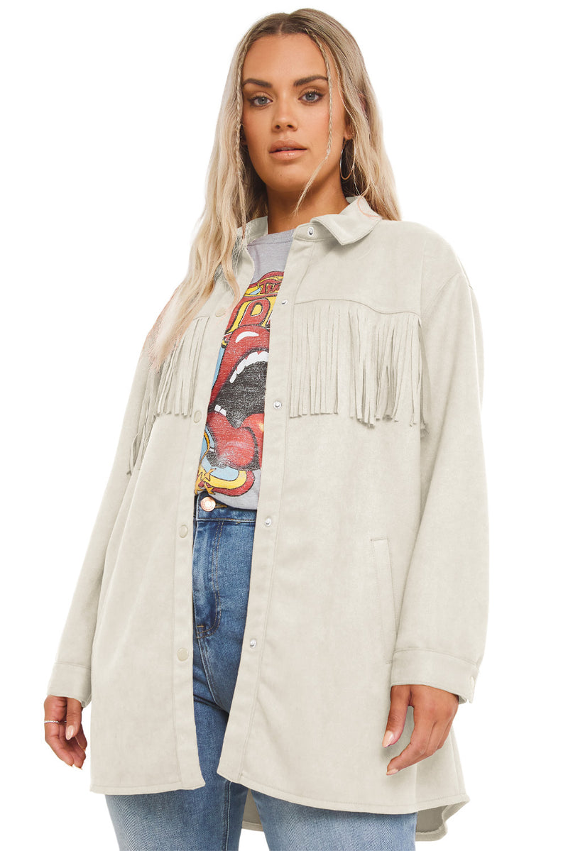 White Fringe Trim Plus Size Suede Shacket