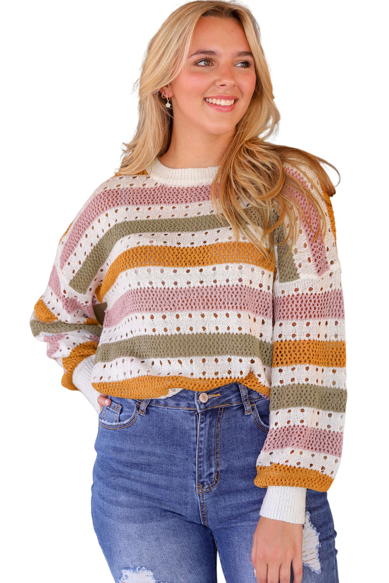 Striped Hollowed Knitted Loose Sweater