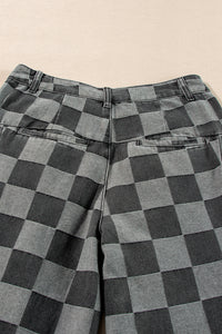 Dark Grey Checkered Denim Wide Leg Jeans