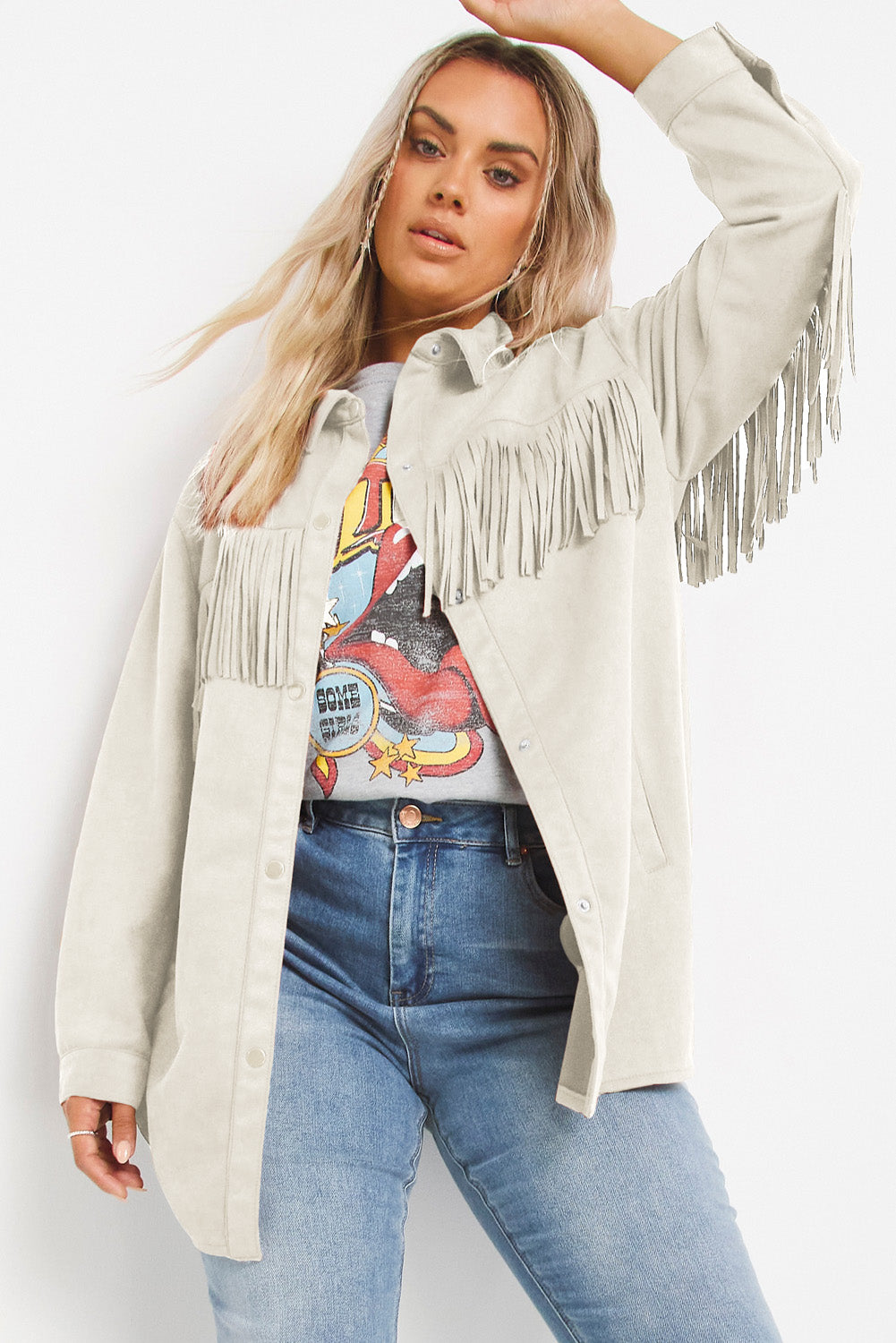 White Fringe Trim Plus Size Suede Shacket