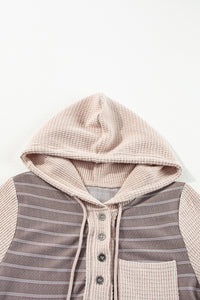 Gray Textured Knit Colorblock Striped Henley Hooded Top