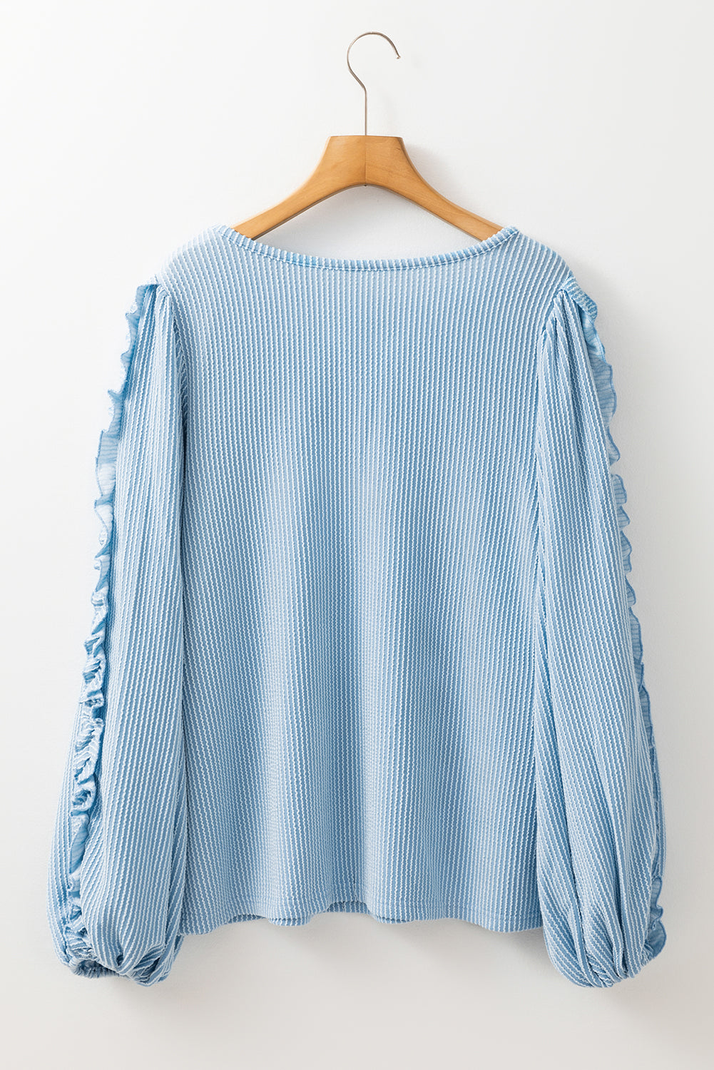 Mist Blue Corded Frilly Puff Sleeve Round Neck Blouse