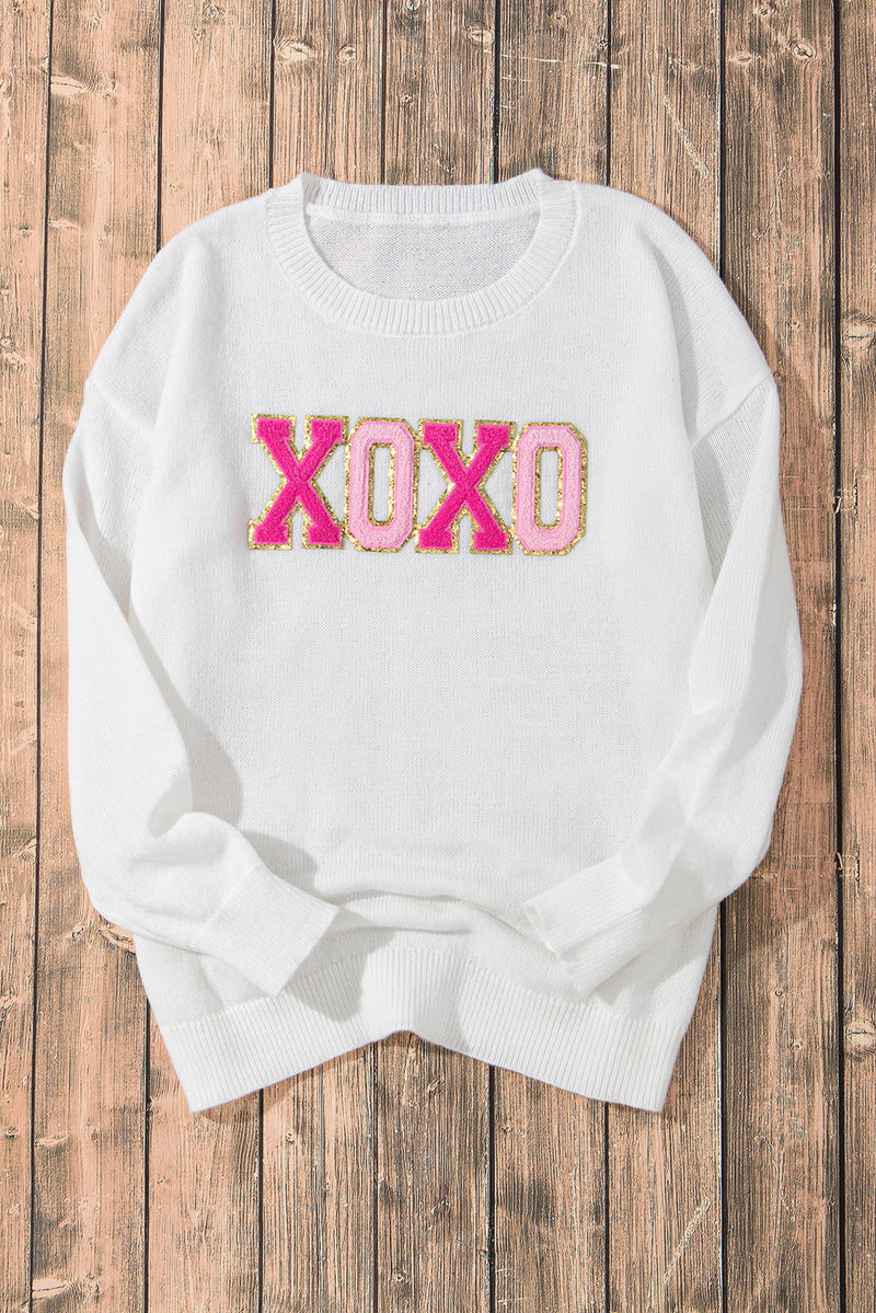 White XOXO Glitter Print Round Neck Casual Sweater