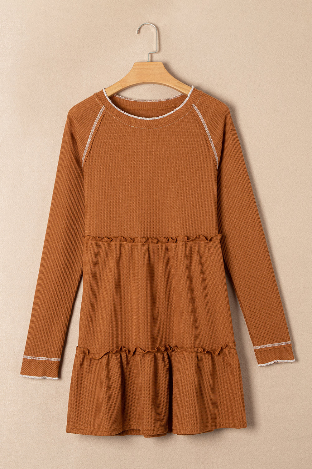 Chestnut Contrast Seam Frilly Edge Waffle Knit T-shirt