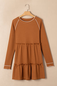 Chestnut Contrast Seam Frilly Edge Waffle Knit T-shirt