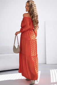 Orange Off Shoulder Balloon Sleeve Cutout Ruffled Maxi Dress