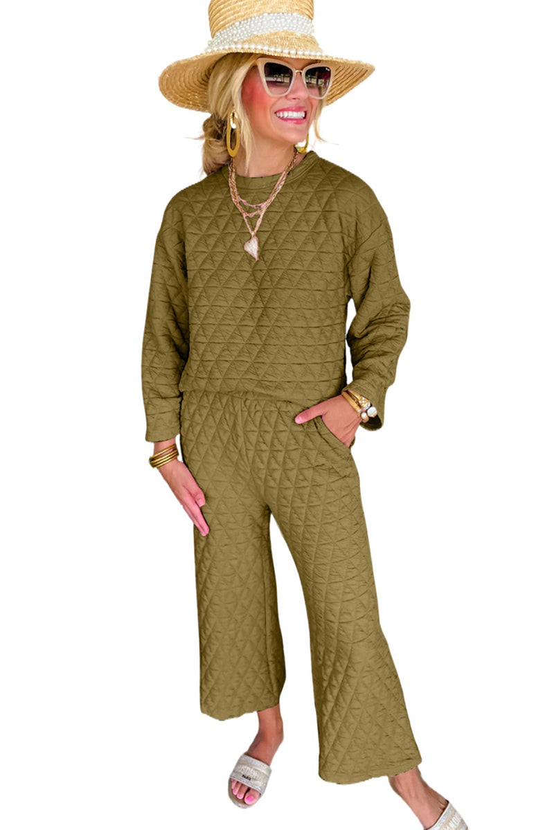 Sage Green Solid Quilted Pullover and Pants Outfit