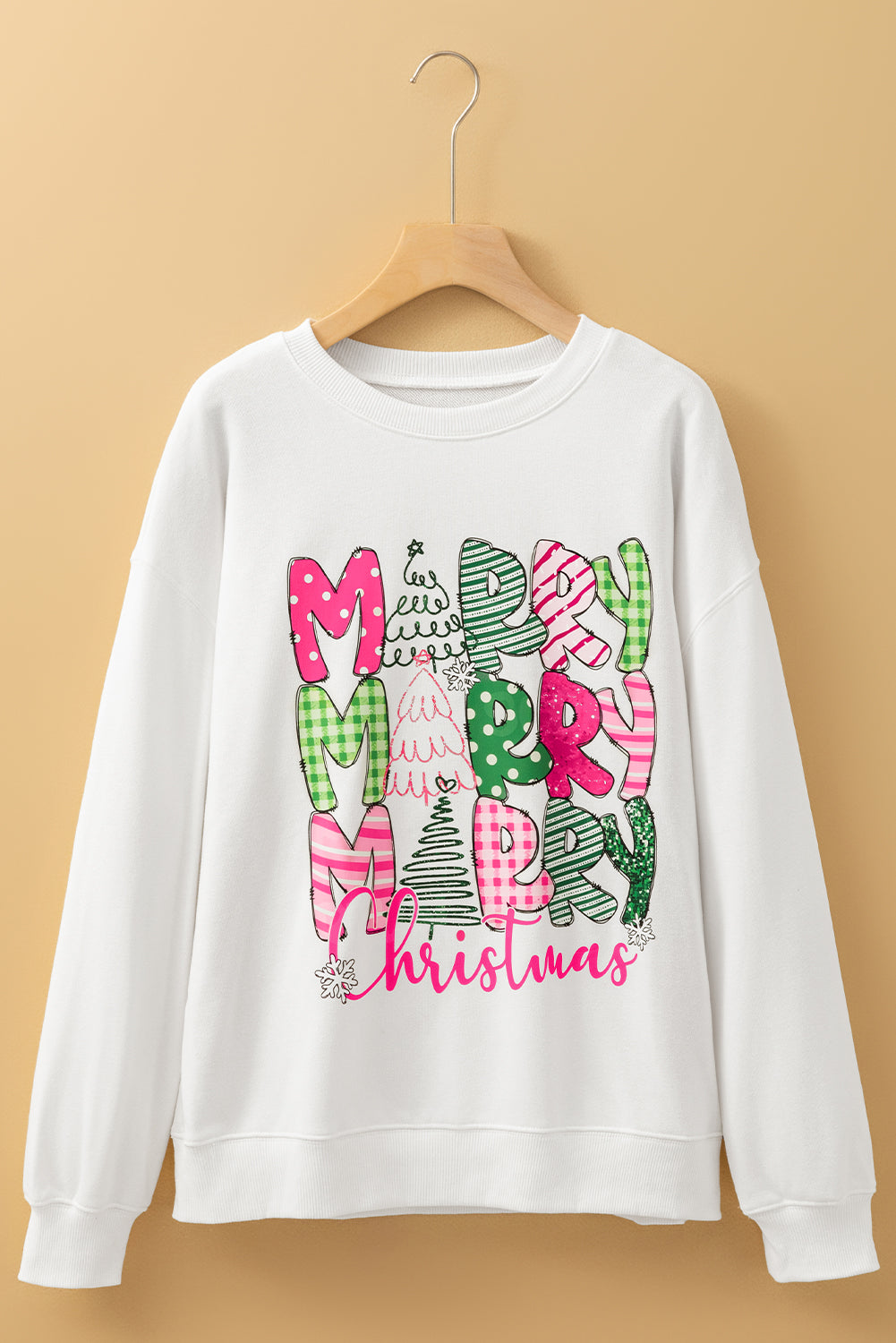 Beige MERRY Christmas Printed Drop Shoulder Pullover Sweatshirt