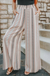 White Geometric Pattern Shirred Wide Leg Pants