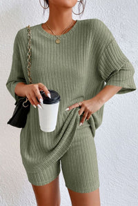 Green Plain Ribbed Loose Fit Two Piece Lounge Set