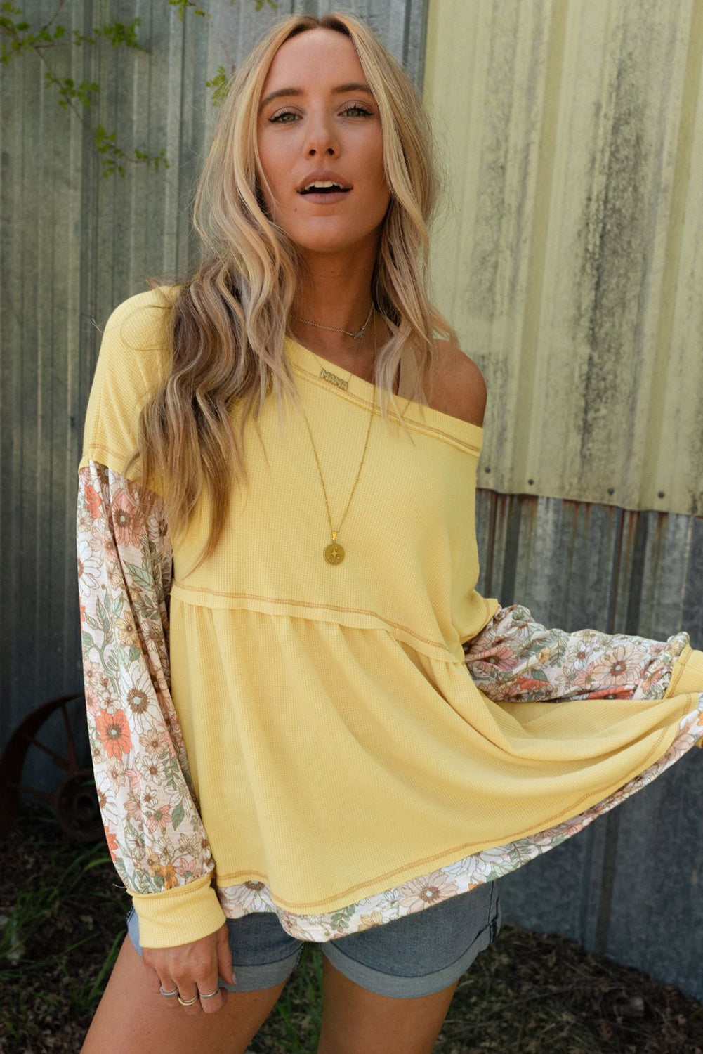 Yellow Floral Patchwork Waffle Knit Babydoll Blouse