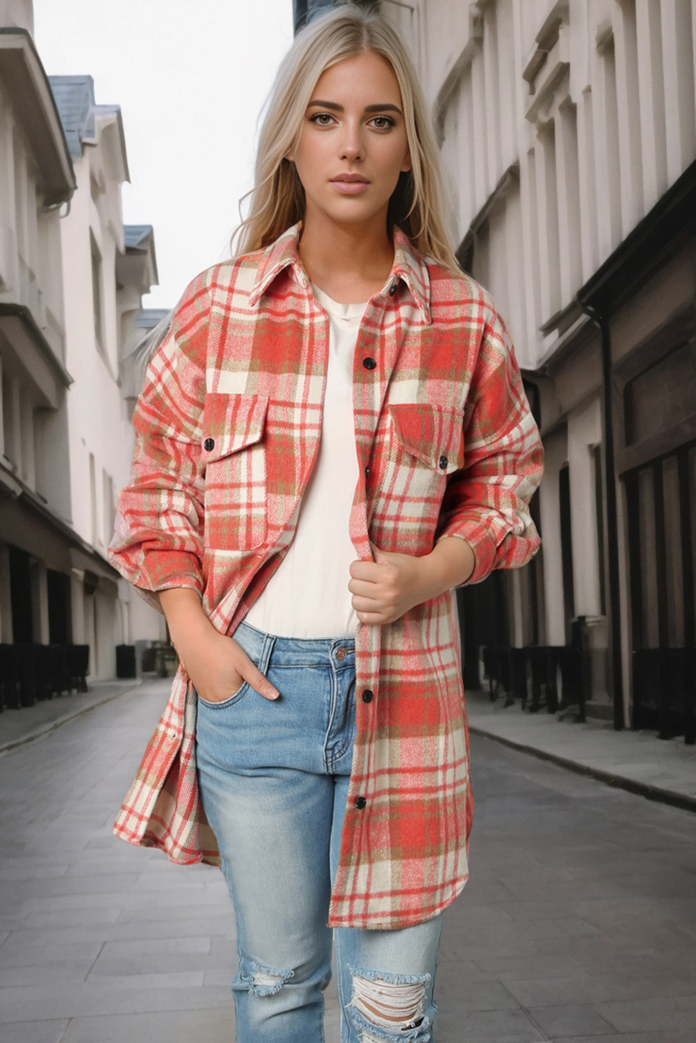 Sky Blue Plaid Flap Pocket Long Sleeve Shacket