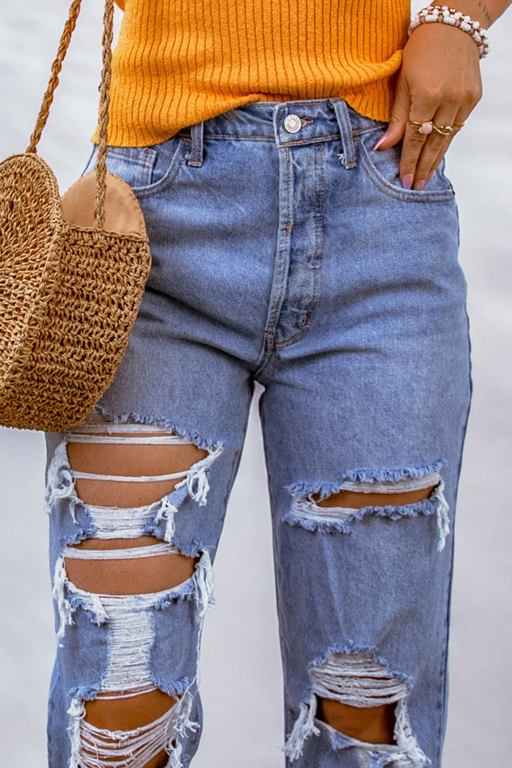 Sky Blue Heavy Destroyed Big Hole Boyfriend Jeans