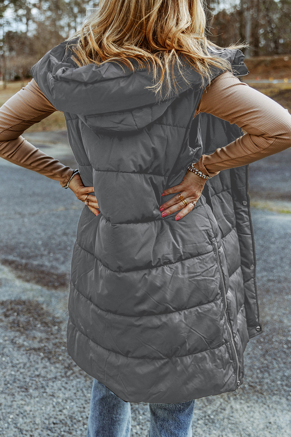 Dark Grey Hooded Long Quilted Vest Coat