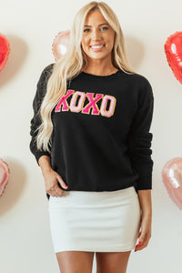 White XOXO Glitter Print Round Neck Casual Sweater