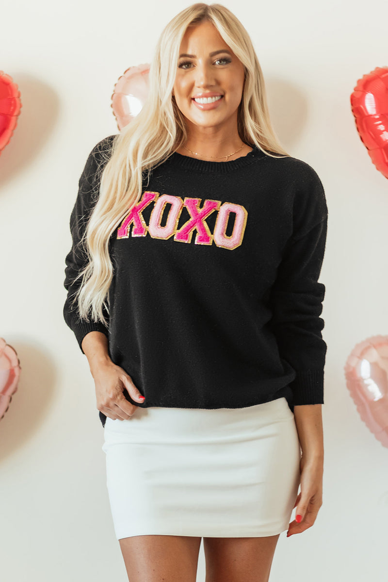 White XOXO Glitter Print Round Neck Casual Sweater