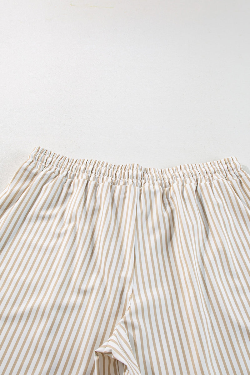 Khaki Stripe Plus Size Drawstring High Waist Wide Leg Pants