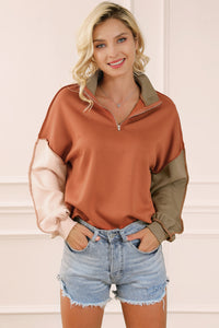 Gold Flame Plus Size Colorblock Exposed Seam Quarter Zip Sweatshirt