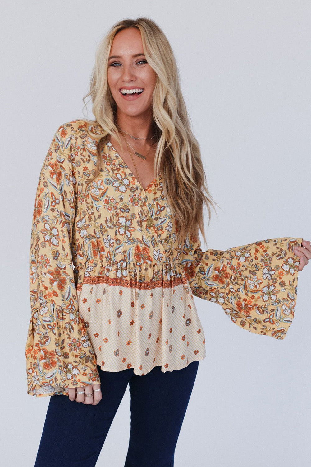 Yellow Printed Floral Bell Sleeve V Neck Wrapped Contrast Peplum Blouse