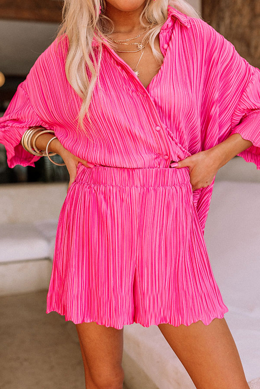 Rose Pleated Buckle Belt Drop Shoulder Shirt Mini Dress