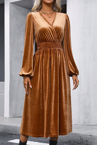 Camel Surplice V Neck Balloon Sleeve Velvet Dress