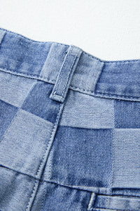 Dusk Blue Checkered Denim Wide Leg Jeans