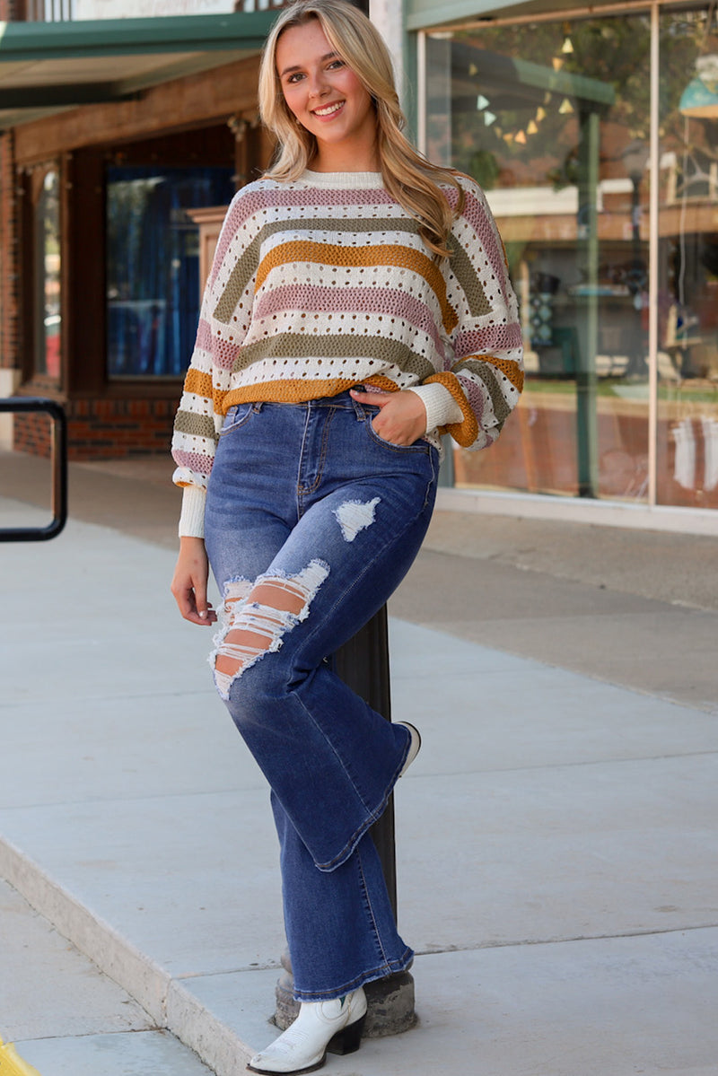 Striped Hollowed Knitted Loose Sweater