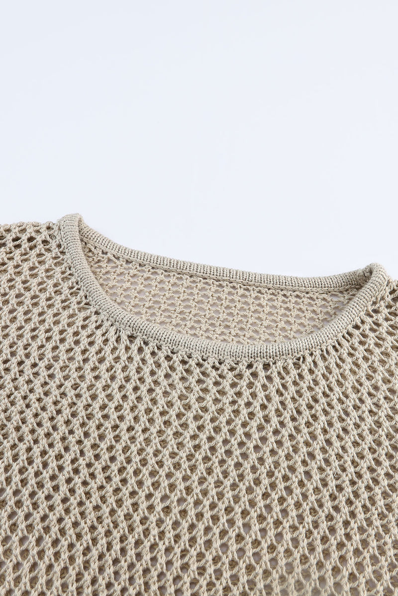 Khaki Hollow-out Knit Long Sleeve Top