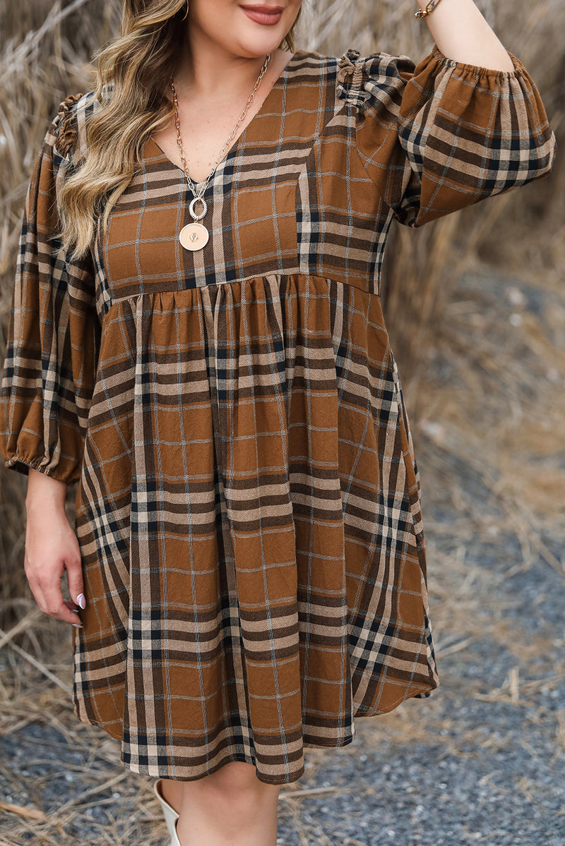 Brown Printed Plaid V Neck Plus Size Babydoll Dress