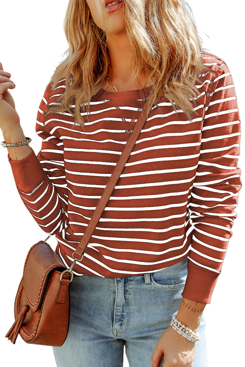 Striped Print Ribbed Trim Long Sleeve Top