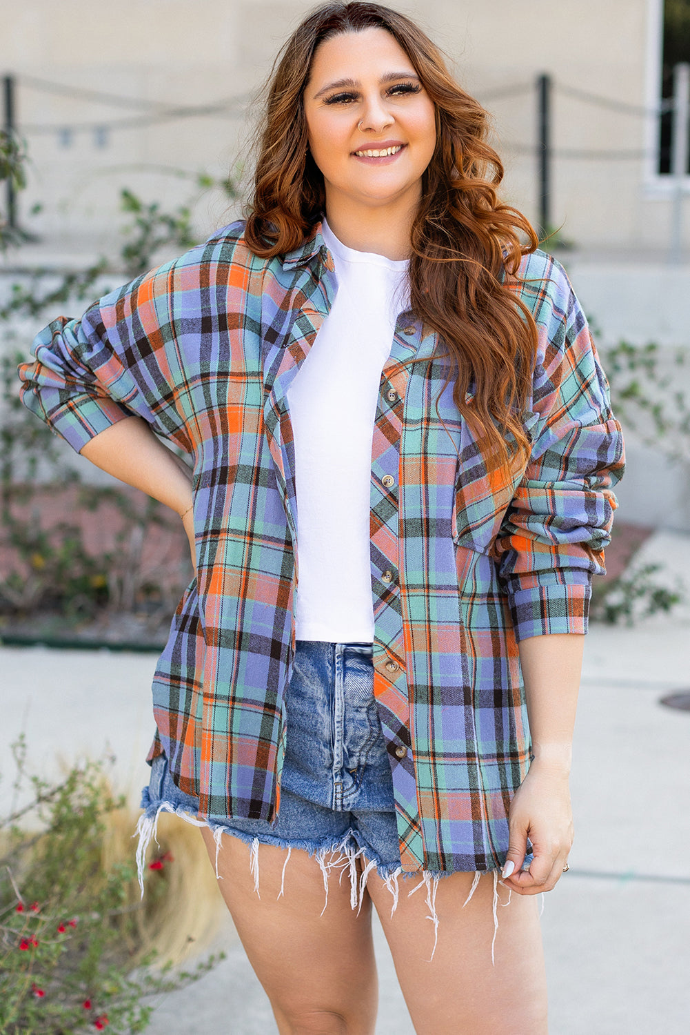 Orange Plus Size Plaid Print Buttoned Shirt