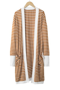 White Extended Long Sleeve Plus Size Striped Cardigan